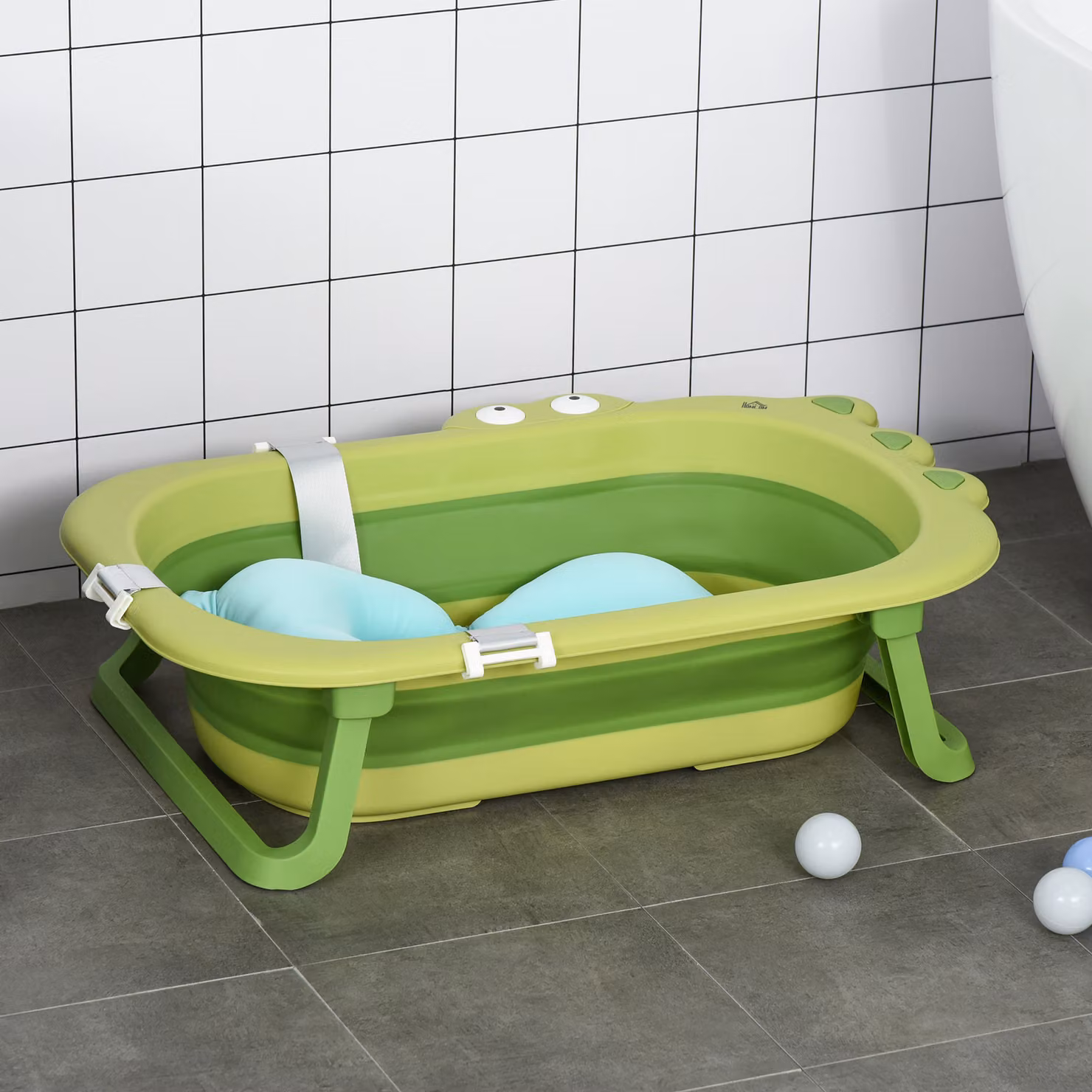 Vaschetta Bagnetto Pieghevole HOMCOM per Bambini 0-3 Anni con Cuscino Regolabile e Piedini Antiscivolo, L: 80 cm, P: 53.9 cm, H: 20.8 cm, Azzurro e Verde – 2