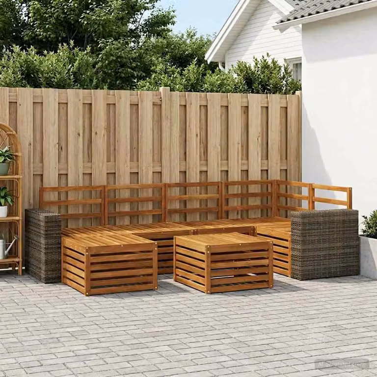 Set di divani da esterno vidaXL a forma di L composto da 7 pezzi in legno di acacia con cuscini beige e marrone e tavolino da giardino