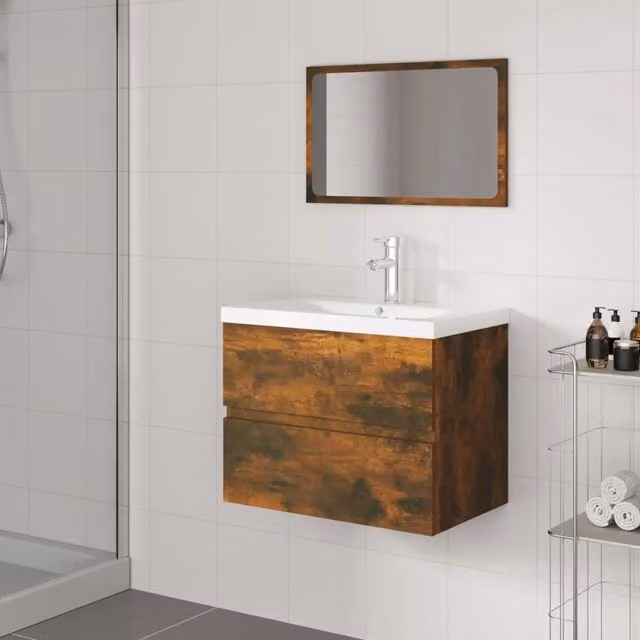 Set di mobili da bagno moderno vidaXL con mobile lavabo e armadietto specchio in legno rovere e bianco, sospeso, L: 60,0 cm, P: 38,5 cm, H: 45,0 cm – 1