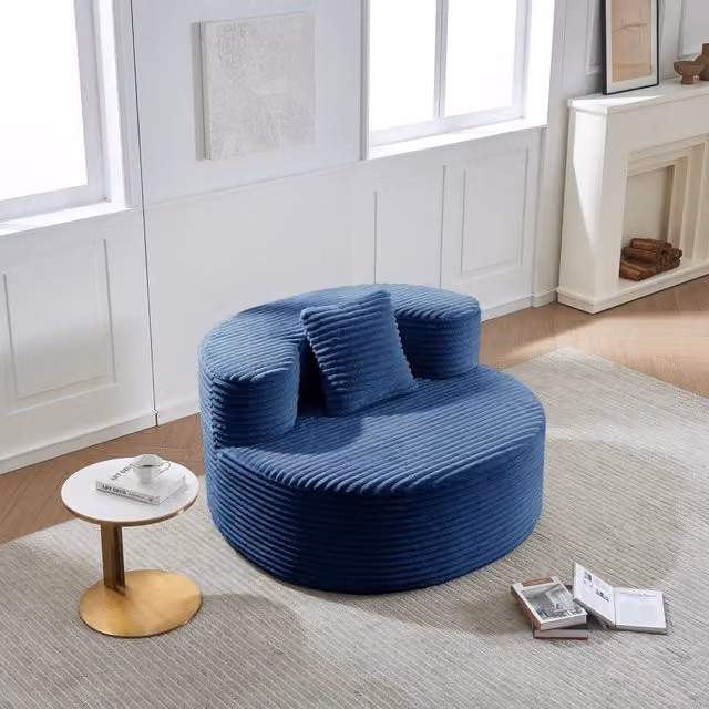 Poltrona pouf OKWISH in velluto a coste con cuscino aggiuntivo, blu, L: 112 cm, P: 105 cm, H: 59 cm