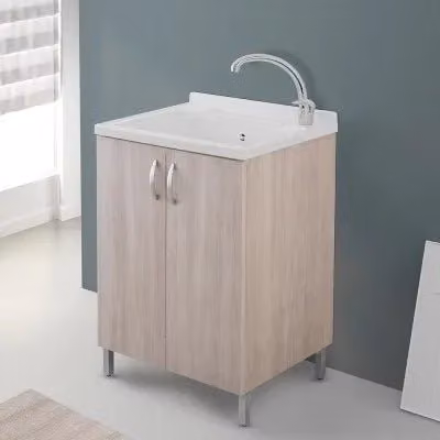 Mobile lavanderia da bagno moderno con ante a battente, finitura legno beige e bianco, L: 60 cm, P: 49 cm, H: 83 cm