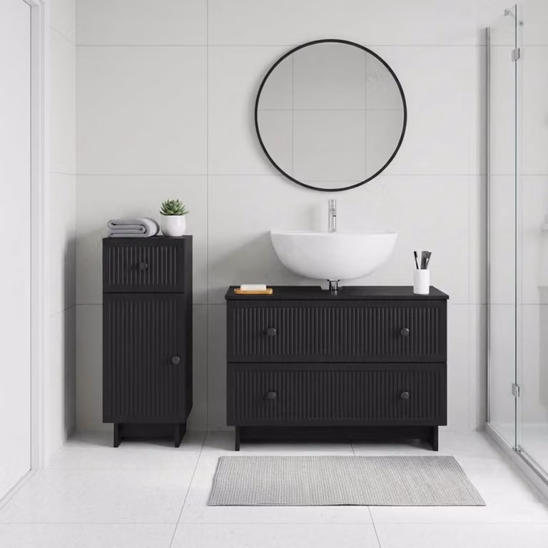 Set di mobili da bagno moderni vidaXL EDE composto da 2 pezzi in MDF nero opaco con ante a cerniera e ripiani interni, L/P/H: 82,0 x 35,6 x 59,0 cm e 41,0 x 35,6 x 82,0 cm