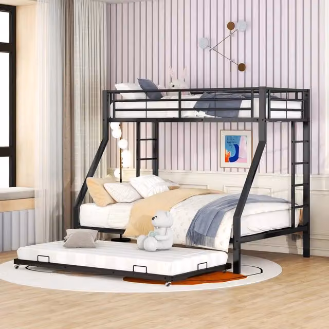 Letto a castello REDOM in metallo con letto estraibile e scale, modello moderno per bambini, Nero, L/P/H: 140 x 200 cm