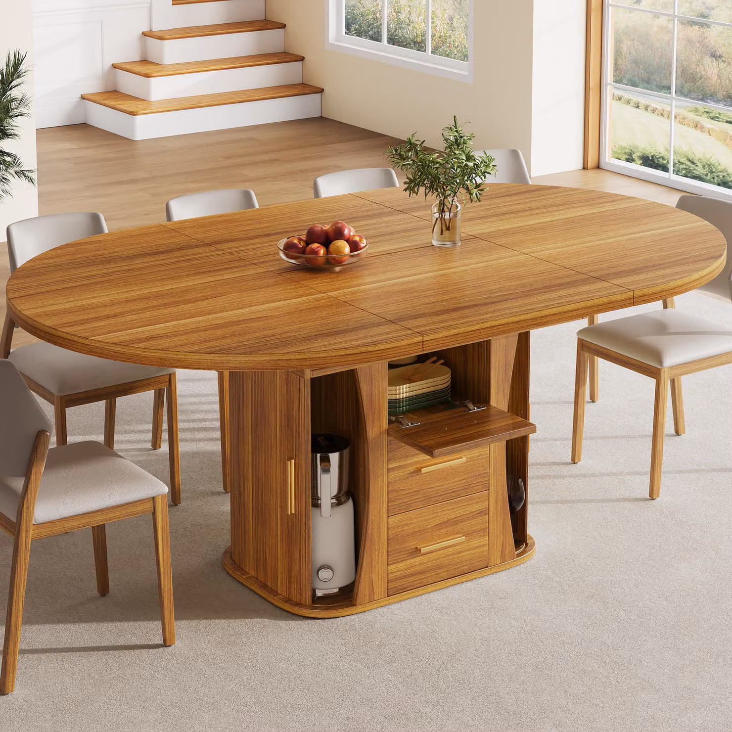 Tavolo da pranzo allungabile Flieks con struttura a tre strati, posto a sedere per un massimo di 6 persone, tavolo da cucina 118-158 x 118 x 77 cm, tavolo da pranzo, noce