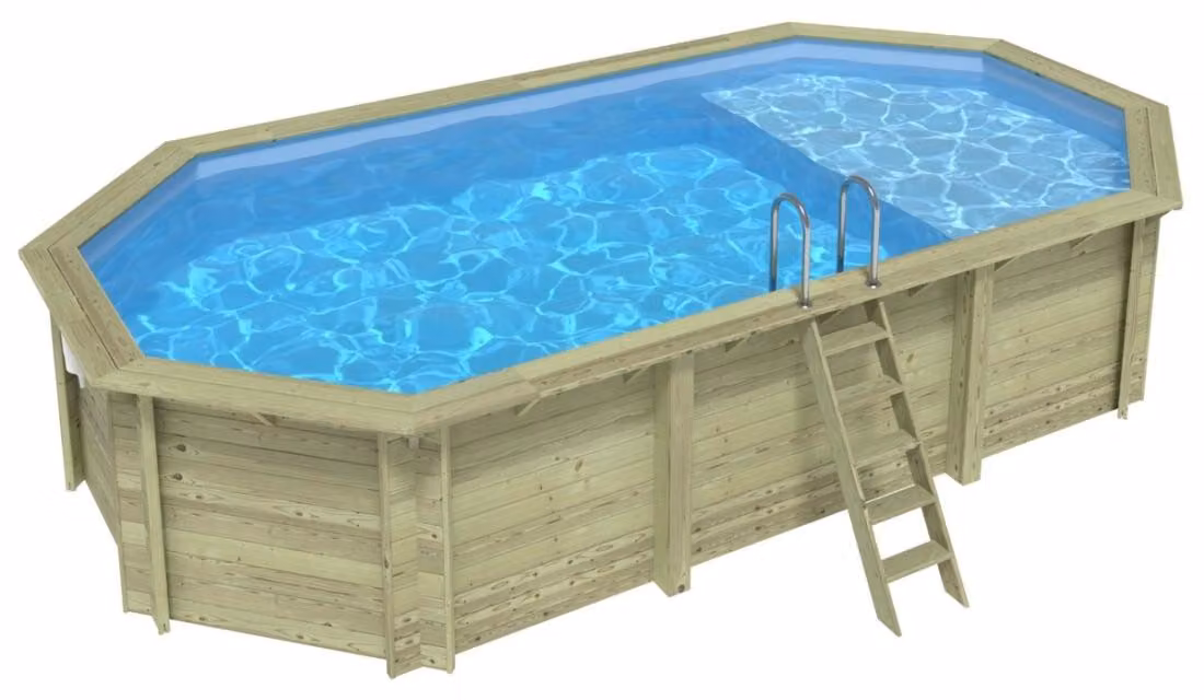 Piscina in legno NEMO 7.3 x 3.97 – H.1.45 m con spiaggia, azzurro chiaro, Su telaio - senza cementazione