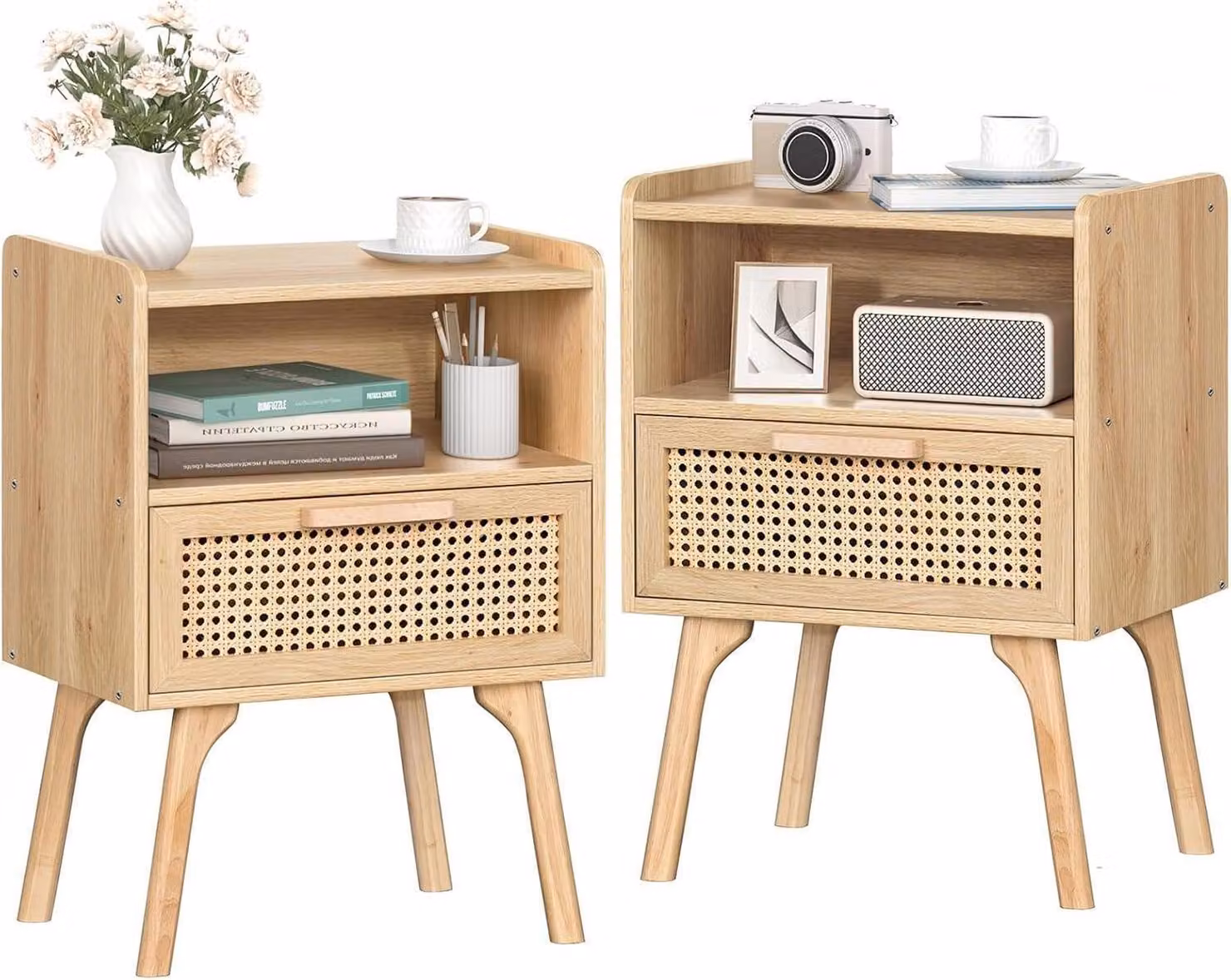 Set di tavolini da letto in legno rattan boho Tavolino da camera in legno massiccio