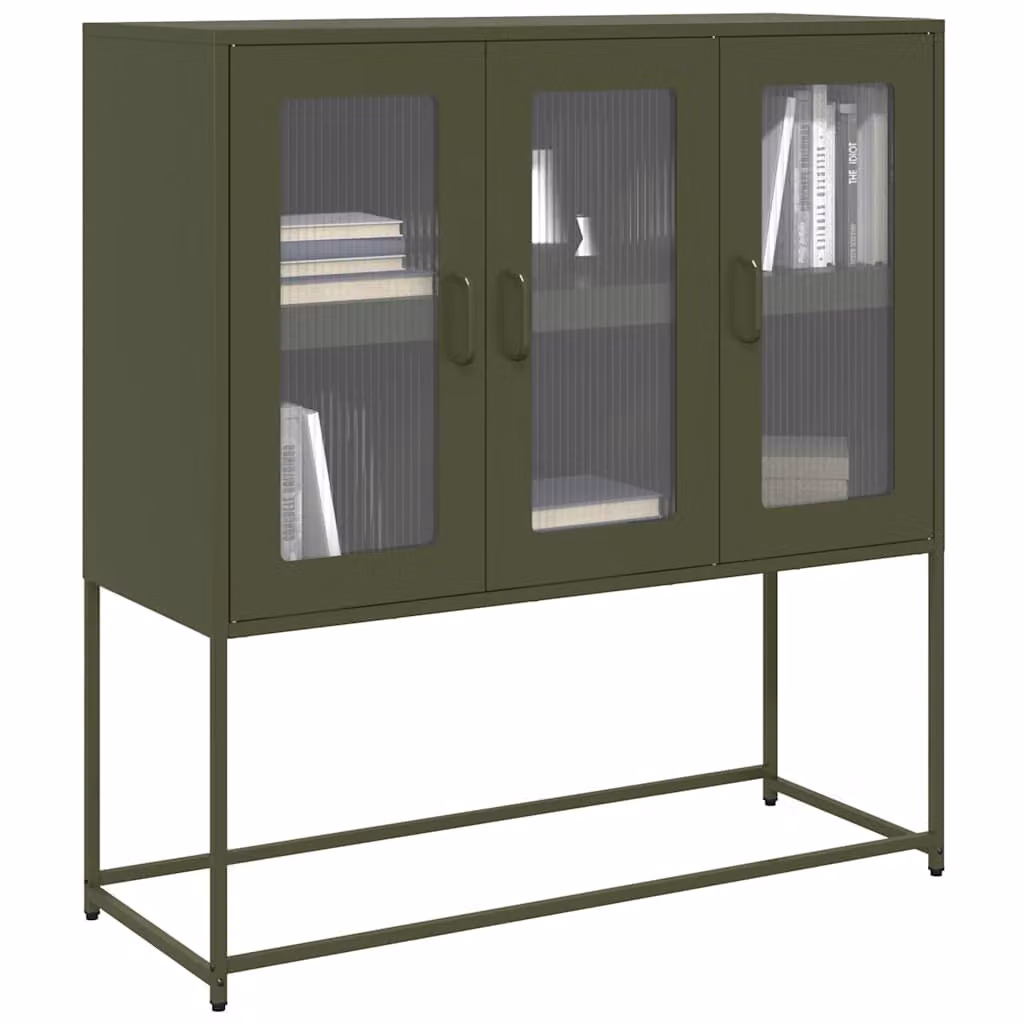 Credenza moderna vidaXL in metallo verde opaco con ante in vetro, L: 100,5 cm, P: 39 cm, H: 107 cm