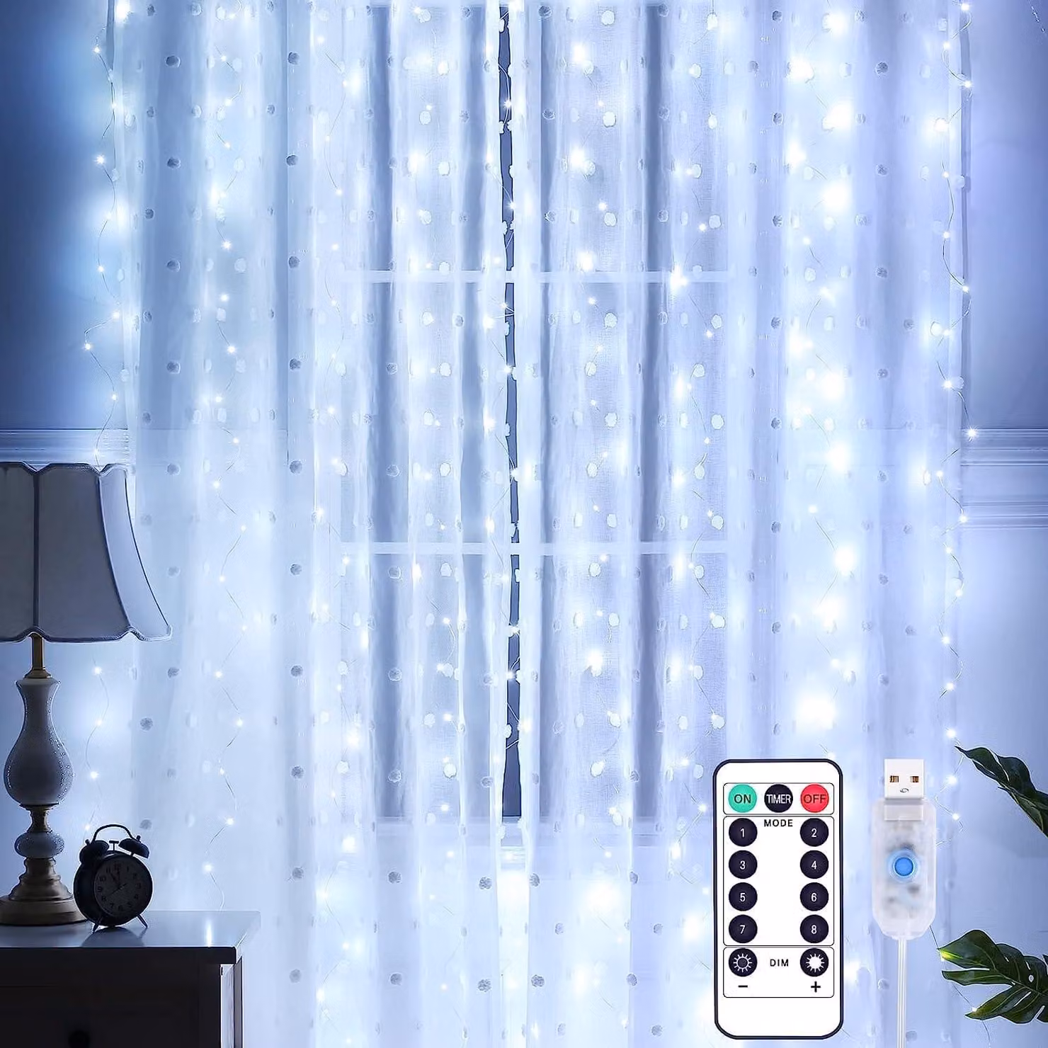 Tenda luminosa a LED, 3x3 metri, 300 LED, luce bianca fredda, grado di protezione IP65, 8 modalità