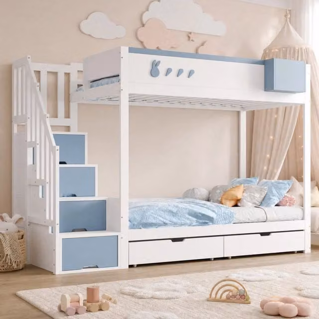 Letto a castello 90x200 cm con ripiano removibile e cassetti in legno bianco e blu