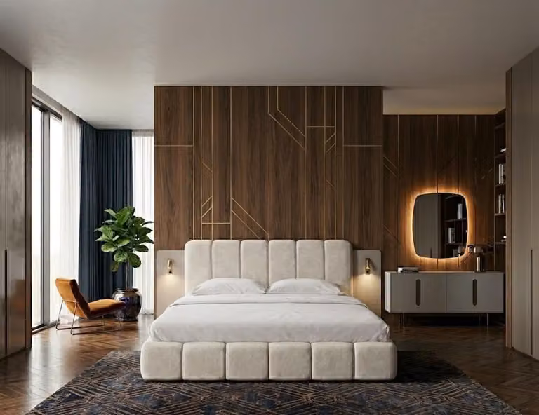 Set da camera da letto color beige: letto morbido, consolle in legno, specchio, mobili per camera da letto