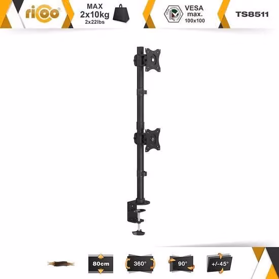 Supporto per Doppio Monitor da Tavolo TS8511 Nero con Attacco VESA per Schermi da 13 a 27 pollici, Standard 75x75 mm