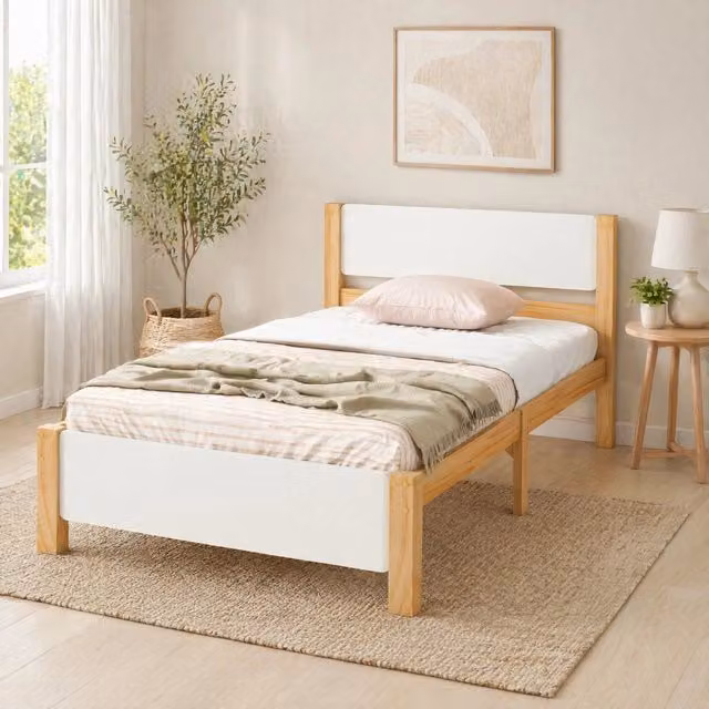 Letto singolo ULEVR 90x200 cm in legno di pino e MDF, con testiera, pediera e 15 doghe, bianco e naturale