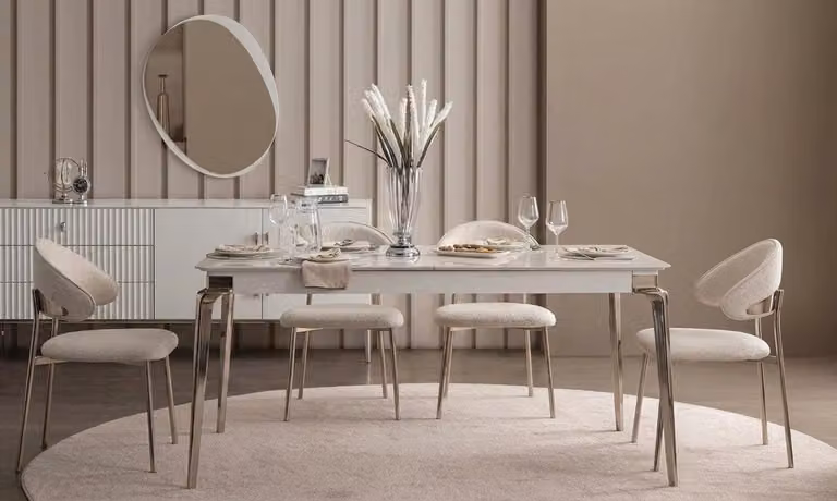 Set per sala da pranzo: tavolo da pranzo e 4 sedie, design moderno, colore bianco, elegante, minimalista