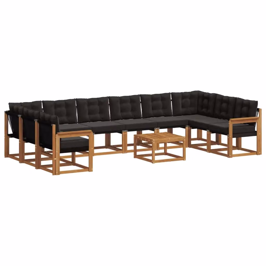 Set di divani da esterno vidaXL a forma di L con tavolo da caffè, 11 pezzi, in legno di acacia trattato e tessuto textilene, colore marrone e nero – 2
