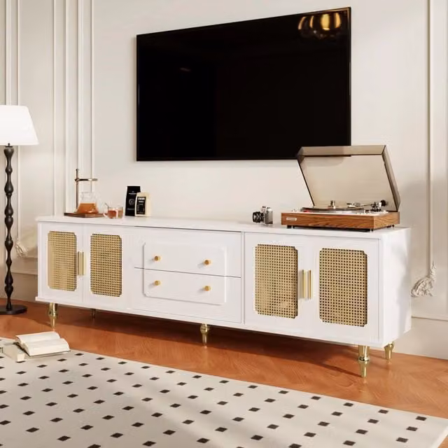 Mobile TV con quattro ante in rattan PVC e cassetti push to open in truciolare bianco 175 × 38 × 55;5 cm