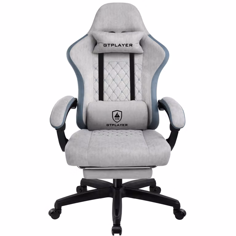 LUCKRACER Sedia da gioco con poggiapiedi Sedia da ufficio ergonomica con cuscino lombare regolabile, sedia da gioco con poggiatesta, regolabile in altezza, grigio