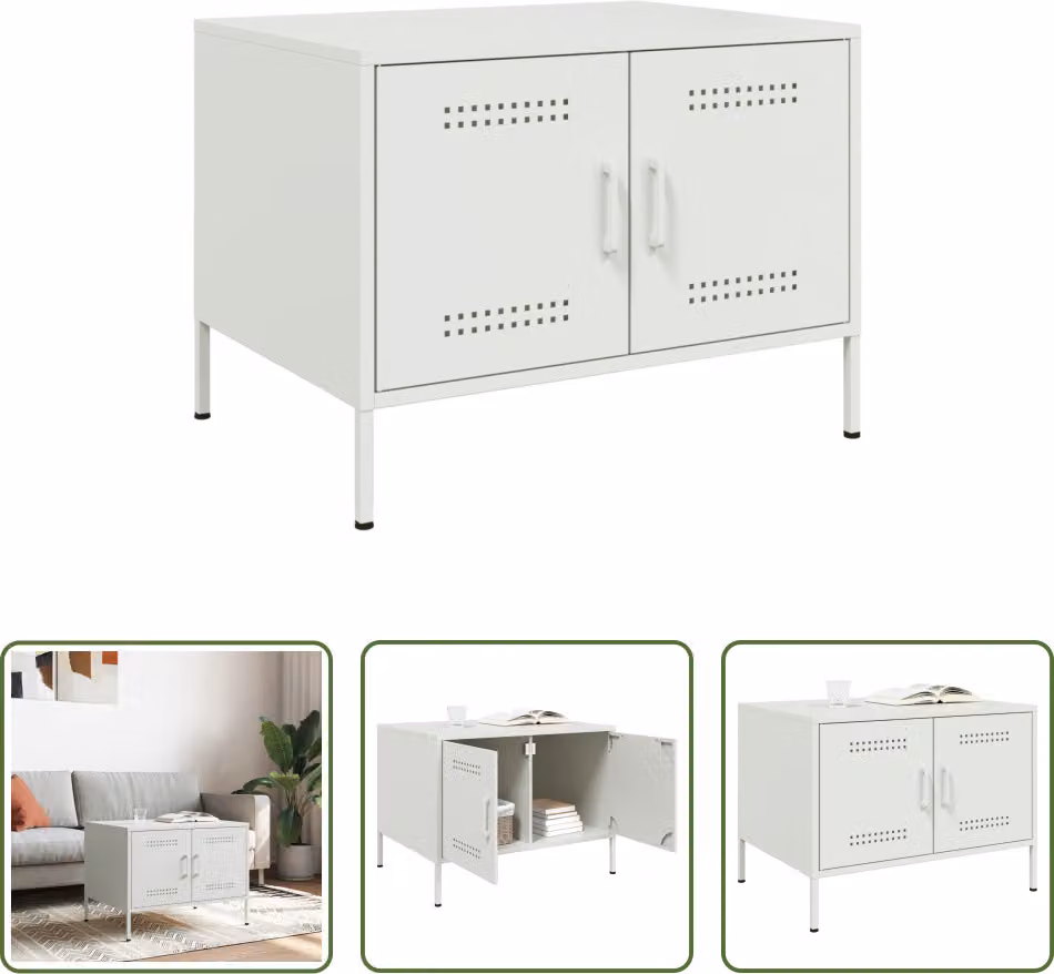 The Living Store Tavolino Bianco 68x50x50,5 cm Acciaio laminato a freddo