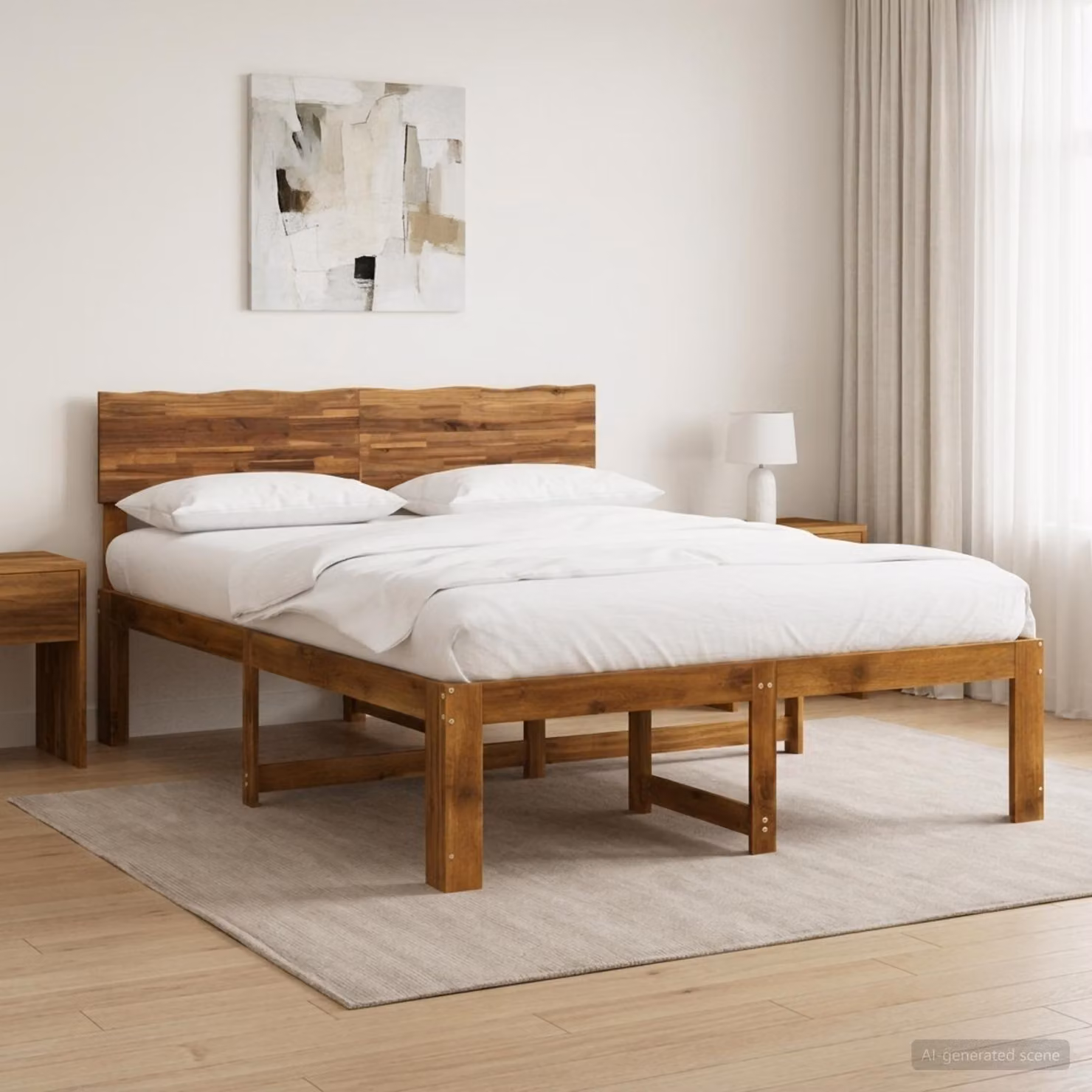Letto matrimoniale con testiera vidaXL ROSTOCK in legno di acacia naturale, colore marrone, L: 152 cm, P: 203 cm, H: 91 cm