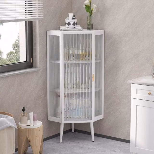Mobile angolare da bagno MODFU in metallo e vetro con ante in vetro, bianco, L: 56 cm, P: 42,5 cm, H: 110 cm