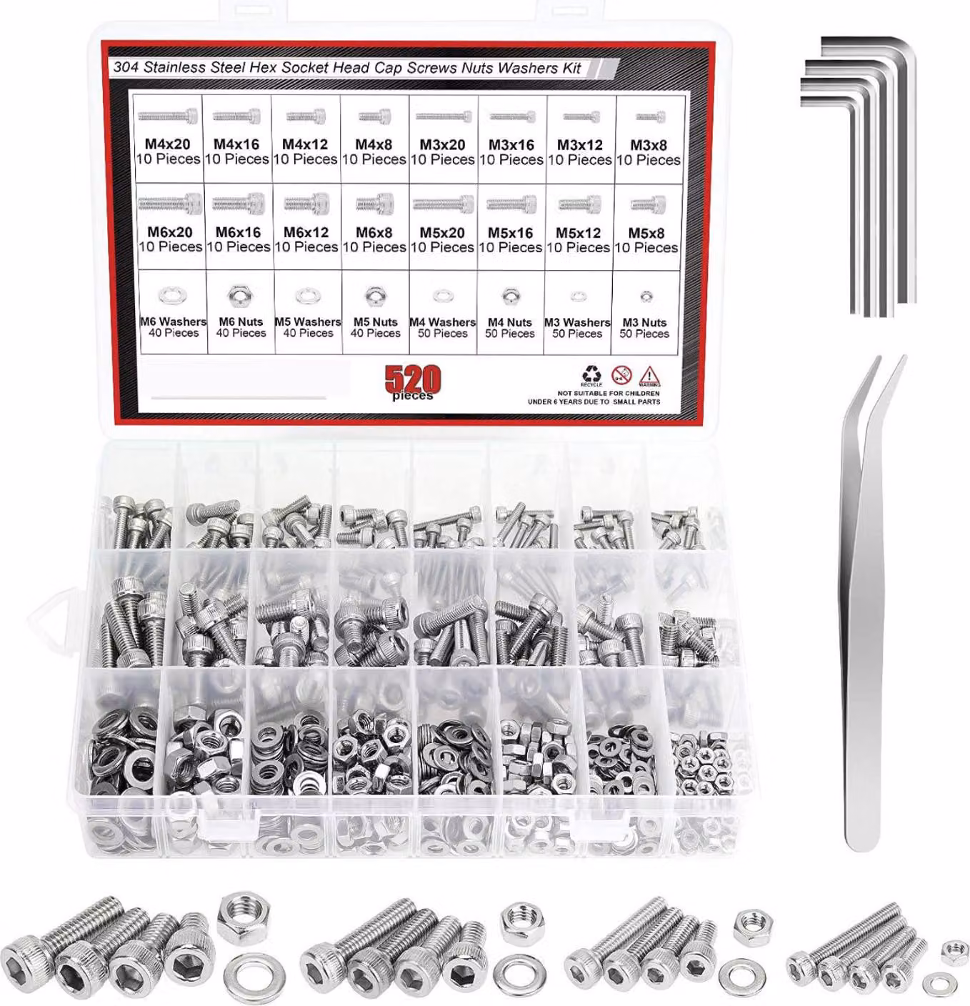 Assortimento di bulloni e dadi in acciaio inossidabile (M3–M6, 520 pezzi in argento)
