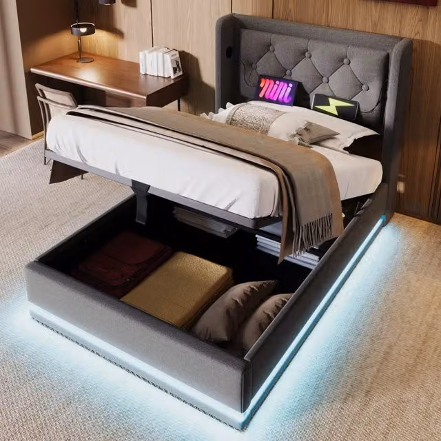 Letto con contenitore Mivray con testiera imbottita, porte USB e Type-C e illuminazione LED su tre lati, rivestito in cotone grigio, L/P/H: 90 x 200 x 101 cm – 1