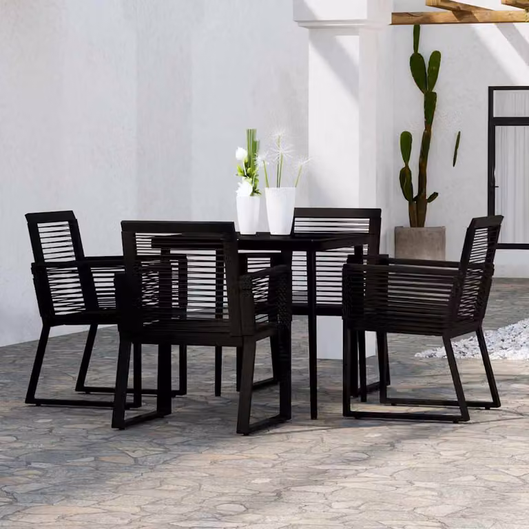 Set da pranzo da giardino moderno vidaXL in 5 pezzi nero con tavolo in vetro e sedie in metallo e rattan