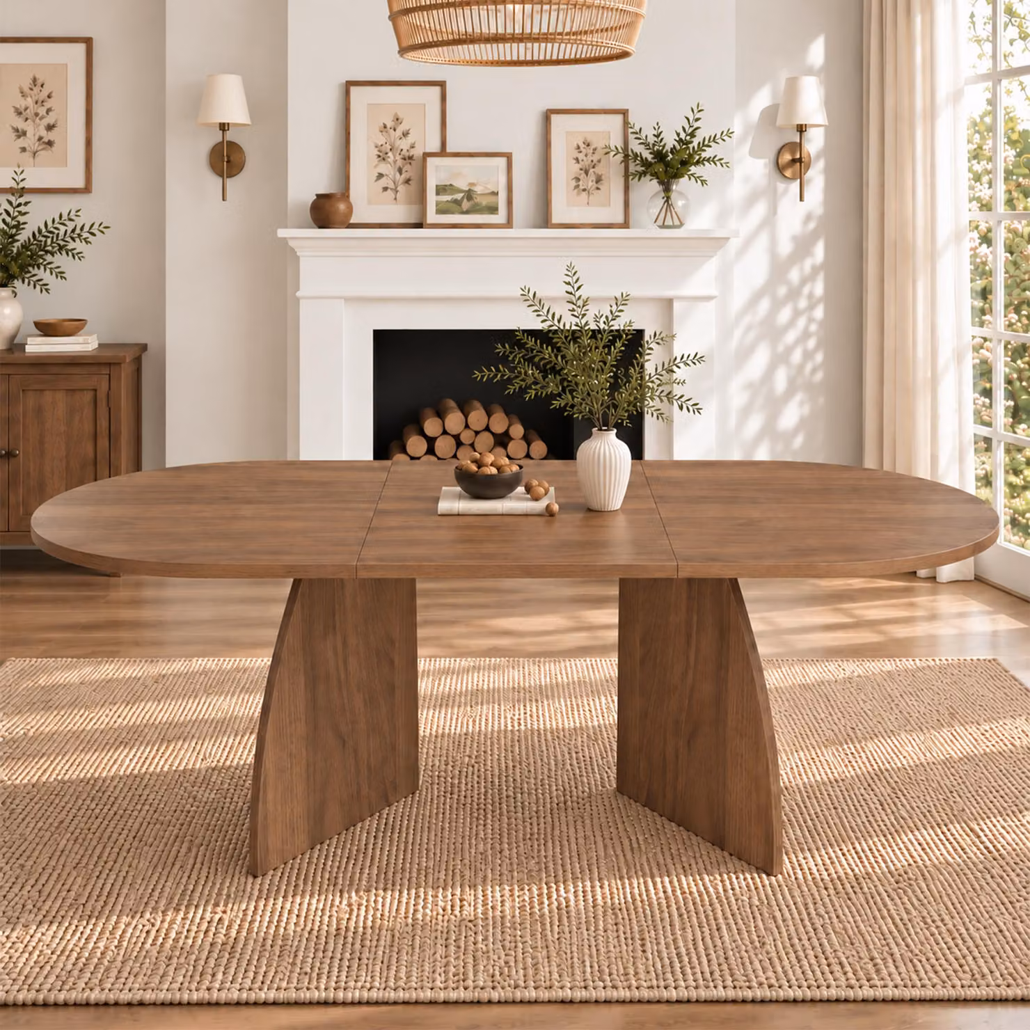 Tavolo allungabile Flieks, 150/200x90x75 cm, tavolo da cucina ovale con angoli arrotondati, tavolo allungabile per 4-8 persone, noce