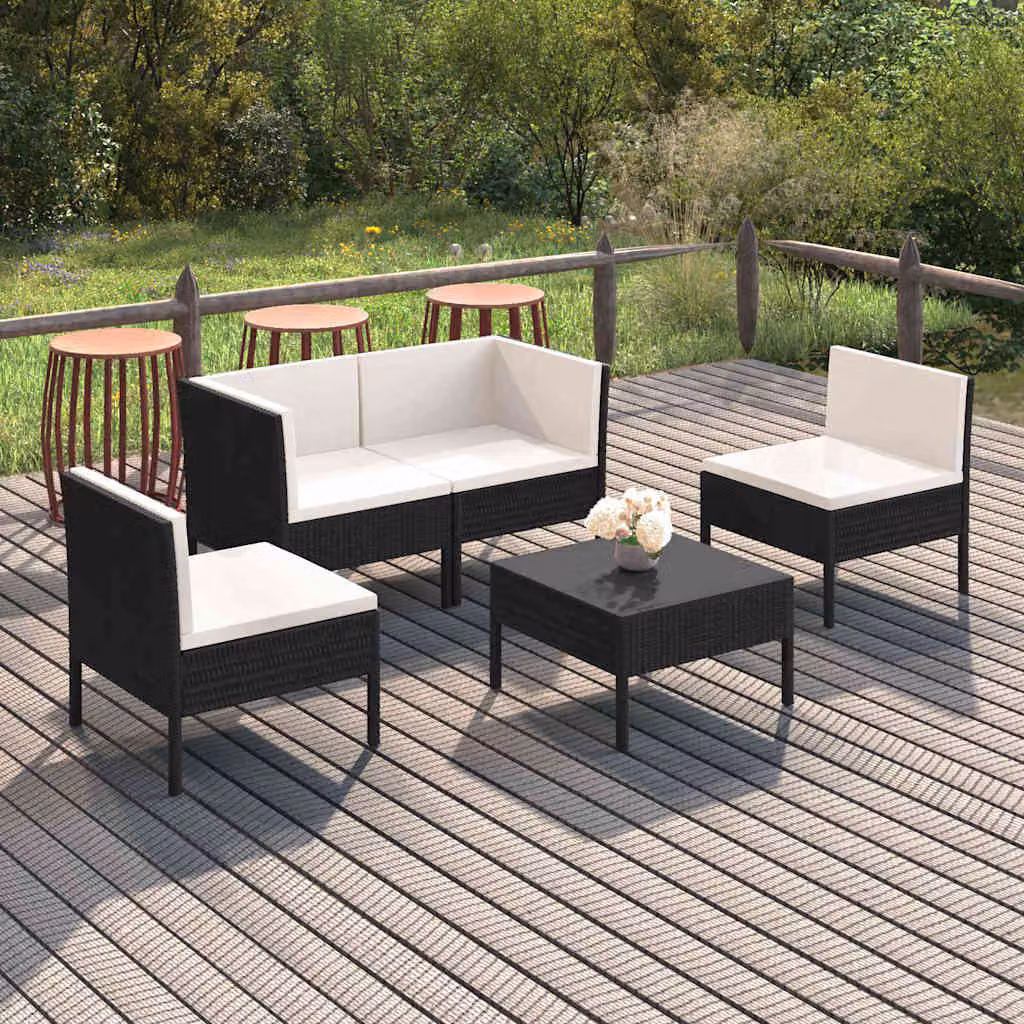 Set di divani da giardino vidaXL a forma di L composto da 5 pezzi con cuscini, struttura in metallo e design moderno in bianco e nero