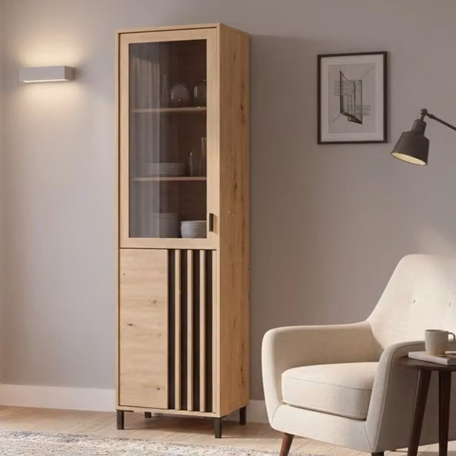 Mobile Espositore Vetrina Senis DMORA con Ante in Vetro e 4 Ripiani, Colore Marrone Rovere Nodi, L: 54.5 cm, P: 40 cm, H: 192.5 cm