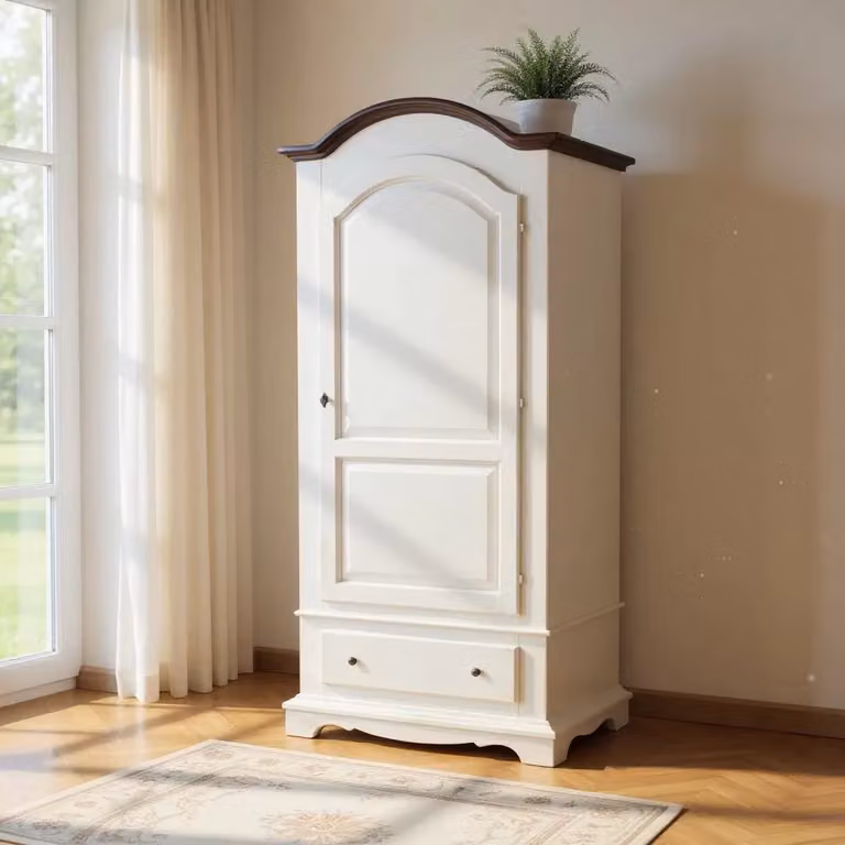Armadio singolo in legno stile shabby chic bianco invecchiato con finitura noce Mobili 2G L/P/H: 96 x 56 x 196 cm