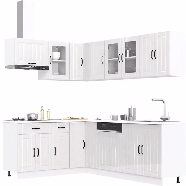 Set di mobili da cucina moderno vidaXL in bianco lucido con ante a battente e ripiani aperti