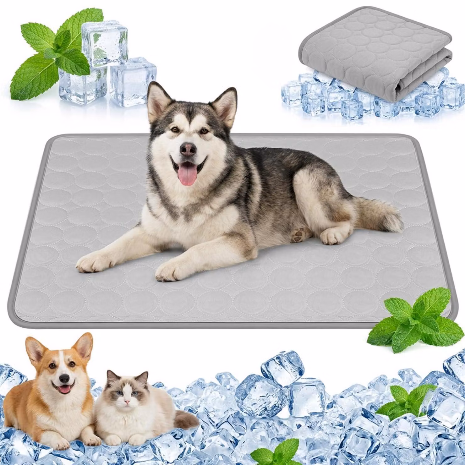 Tappetino refrigerante per cani, autorigenerante, 55x70 cm, grigio, in cotone effetto seta, lavabile, pieghevole