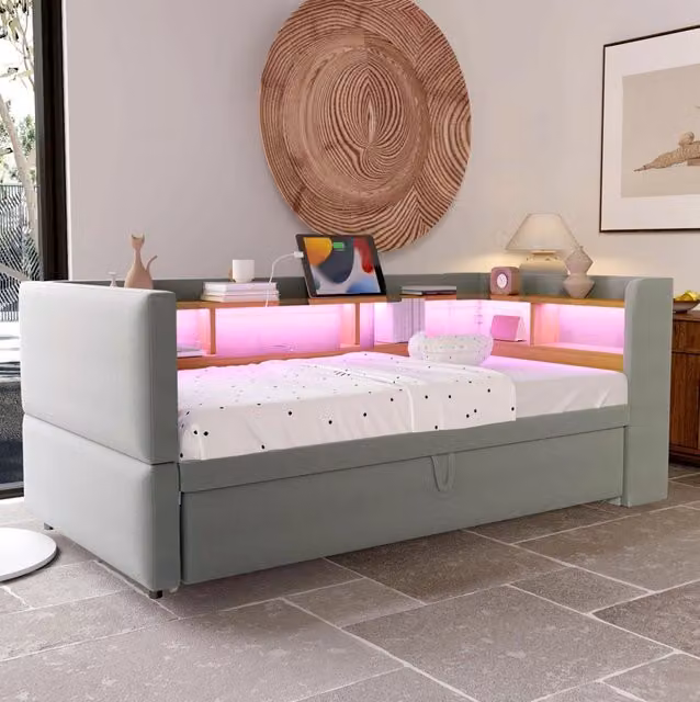 Divano letto 90/180 x 190 cm; con vani portaoggetti; Flanella; Grigio chiaro