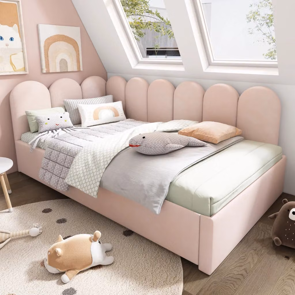 Letto singolo estraibile in velluto rosa con testiera imbottita e rete, L/P/H: 90 x 200 x 103 cm – 2