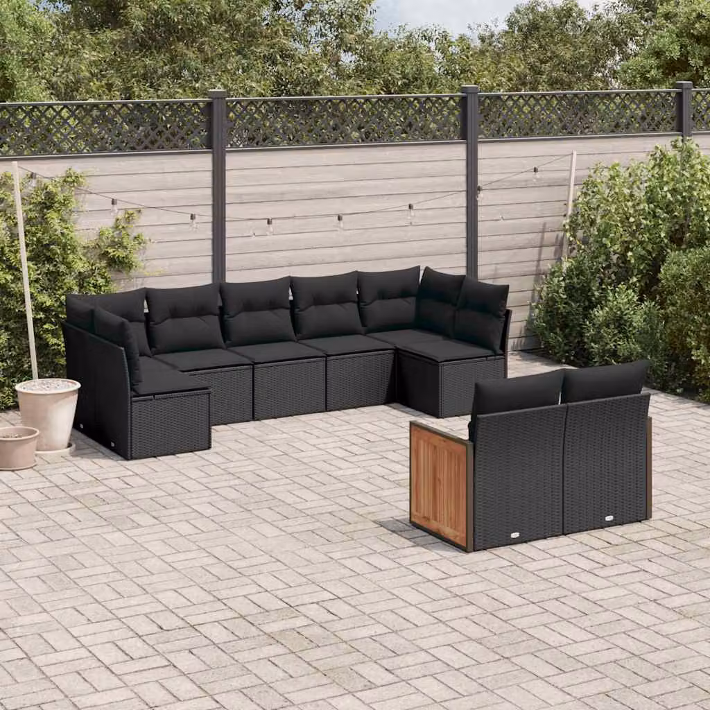 vidaXL Set Divani da Giardino a L 9 pz con Cuscini Nero in Polyrattan e Struttura in Acciaio – 1