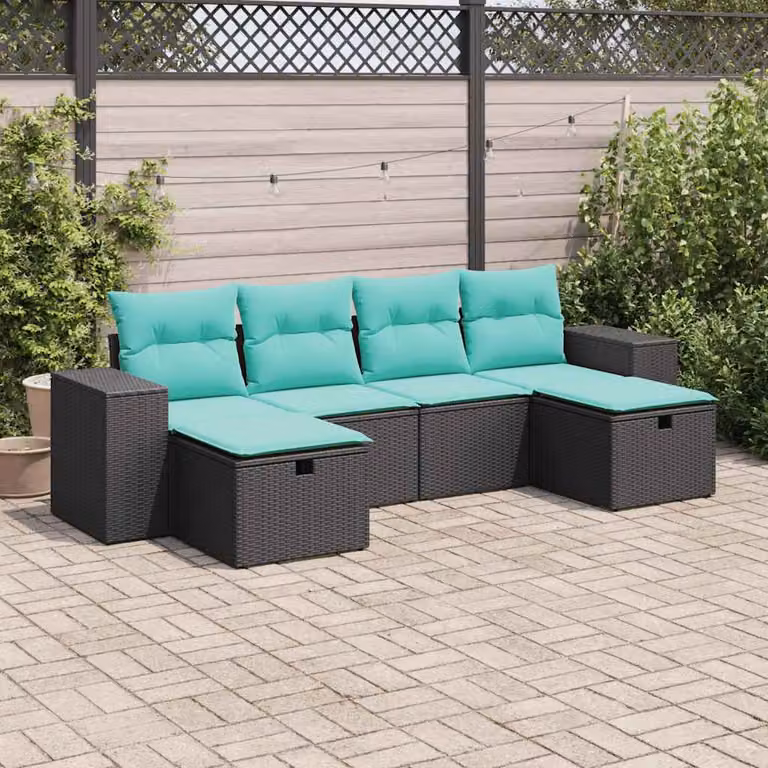 Set Divano da Giardino vidaXL 6 pz a Forma a L con Cuscini, Polyrattan e Struttura in Acciaio, Colore Nero e Blu Turchese