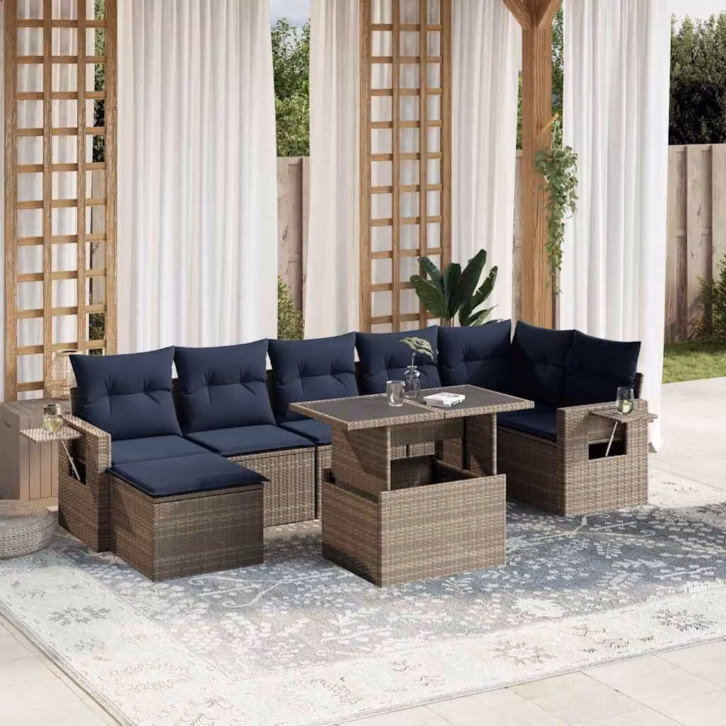Set Divani da Giardino vidaXL 8 Pezzi in Polyrattan con Cuscini e Tavolino, Design Moderno a L, Grigio e Blu