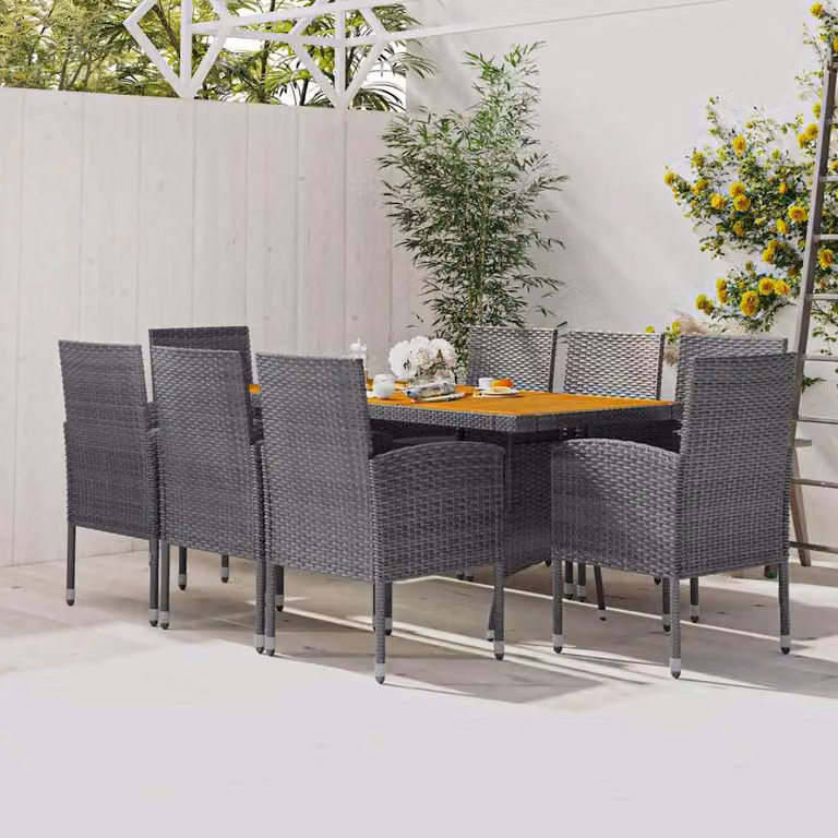 Set da pranzo per esterni vidaXL in polyrattan e legno di acacia grigio, 9 pezzi