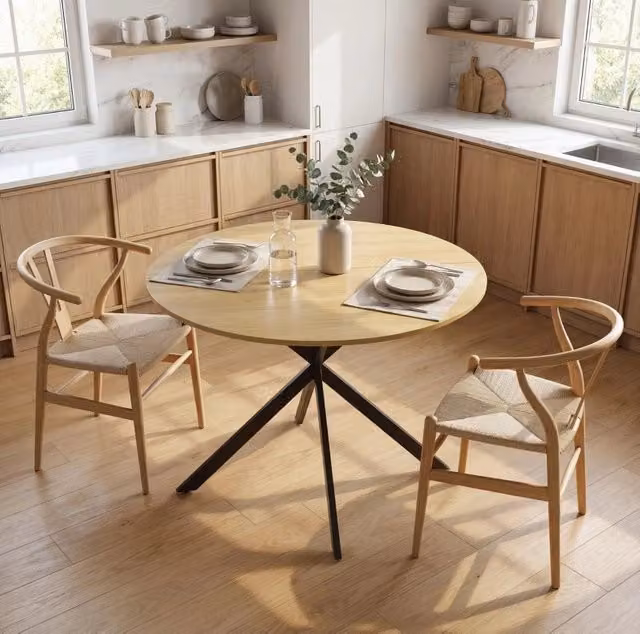 Tavolo da pranzo rotondo Ø100 cm stile industriale, rovere, per 4 persone