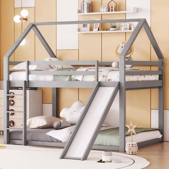 Letto a castello Mivray per bambini in legno e MDF grigio con scivolo e scala intercambiabili L/P/H: 200 x 140 x 189 cm