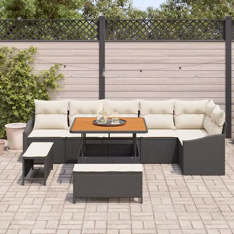 Set Divano da Giardino vidaXL 9 Pezzi Nero con Cuscini e Tavolino in Rattan e Acciaio