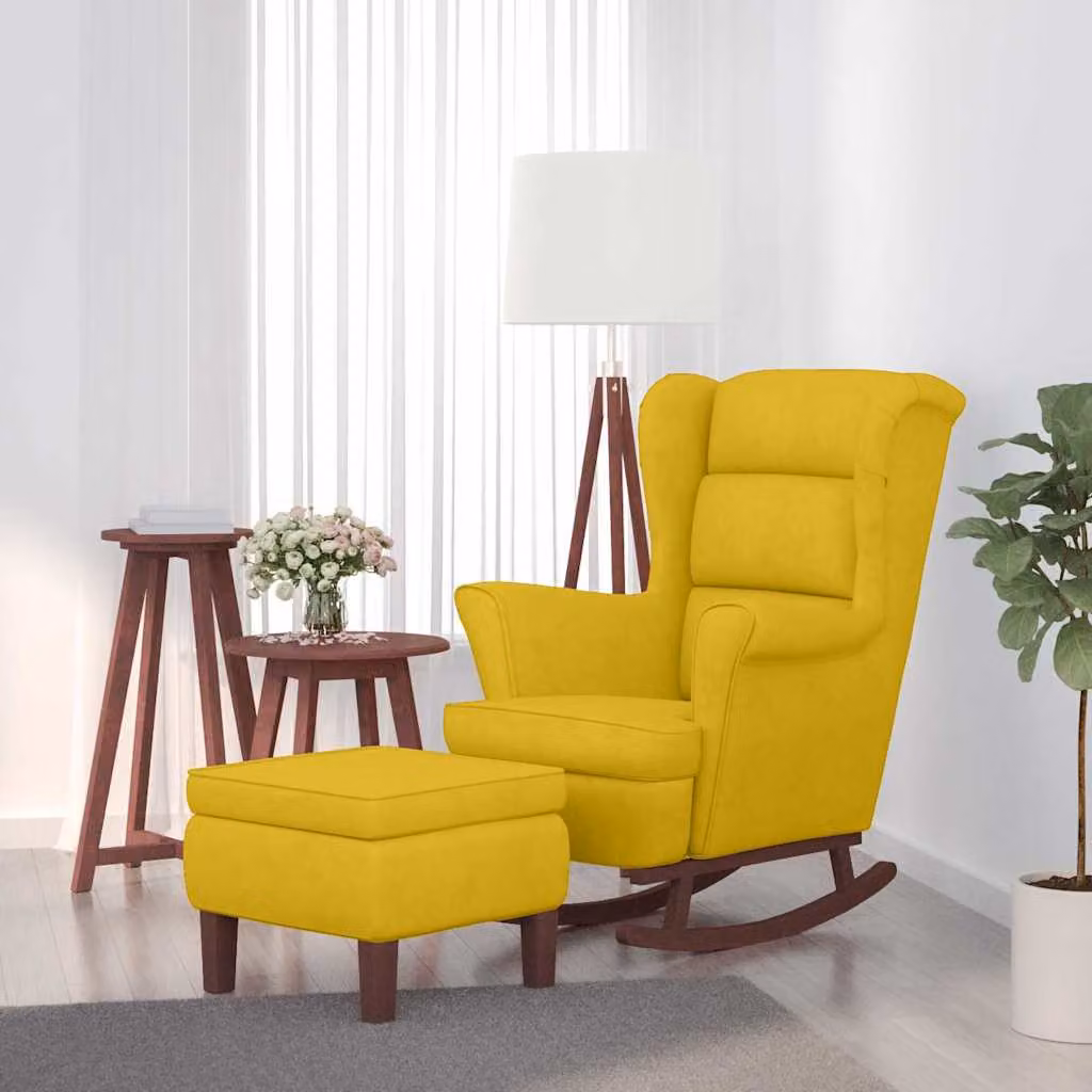 Sedia a dondolo con schienale alto in velluto giallo e struttura in legno massiccio con pouf incluso vidaXL – 1