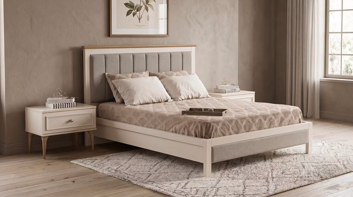 Eleganti comodini (2 pezzi), tavolino da trucco classico color crema, ideali per la camera da letto
