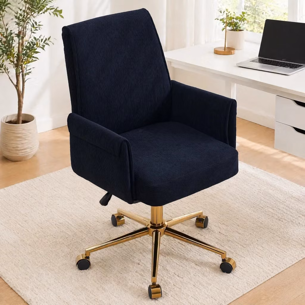 Sedia da ufficio ergonomica girevole MIVRAY in velluto a coste nero con base in metallo dorata opaca – 2