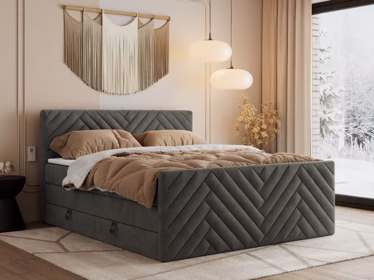 Letto boxspring MKS MEBLE 120x200 con contenitore e materasso H4 - Paris King Duo - Grigio scuro vellutato