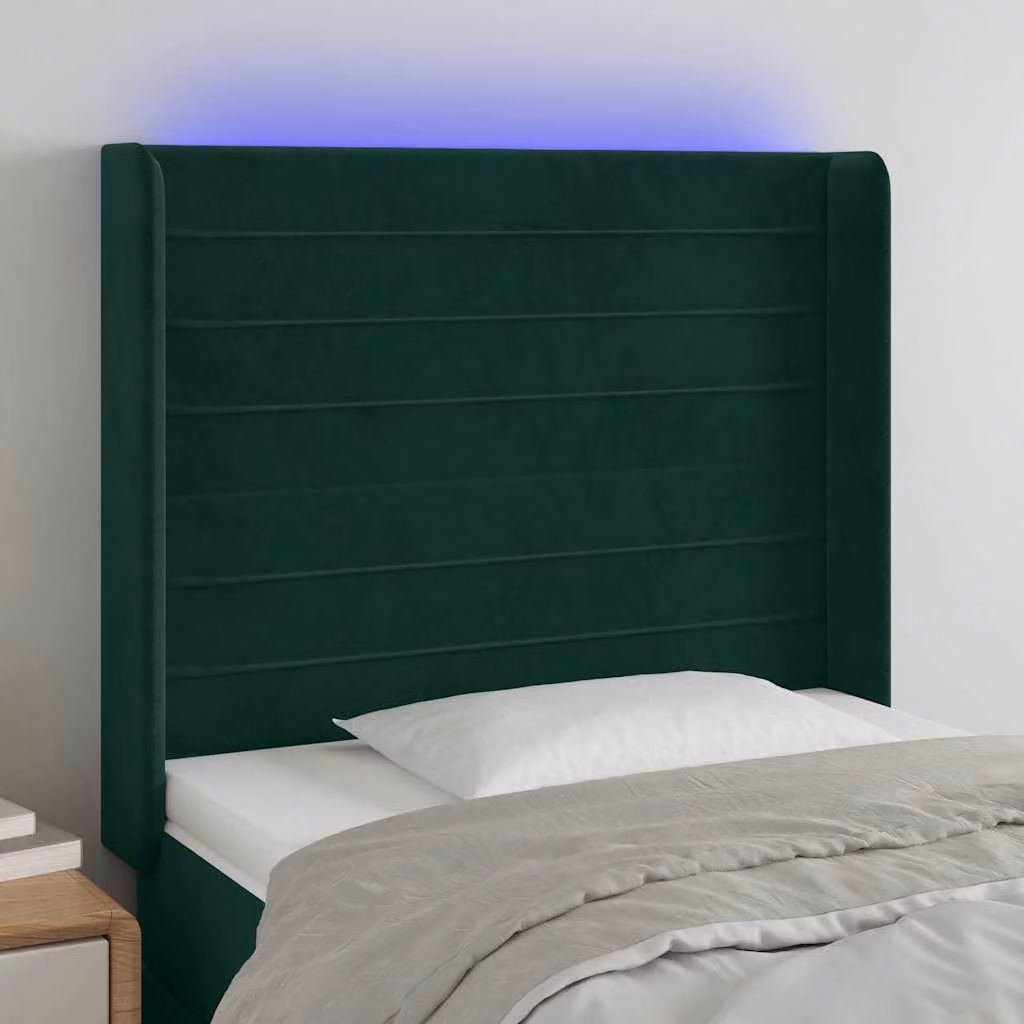 Testiera per letto vidaXL in velluto verde scuro con illuminazione LED integrata e porta di ricarica USB, L 83 cm, P 16 cm, H 118-128 cm