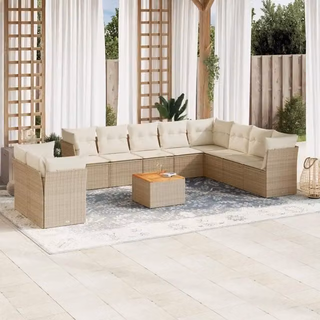 Set di Divani da Giardino VIDAXL in Polyrattan con Cuscini Beige, 11 Pezzi