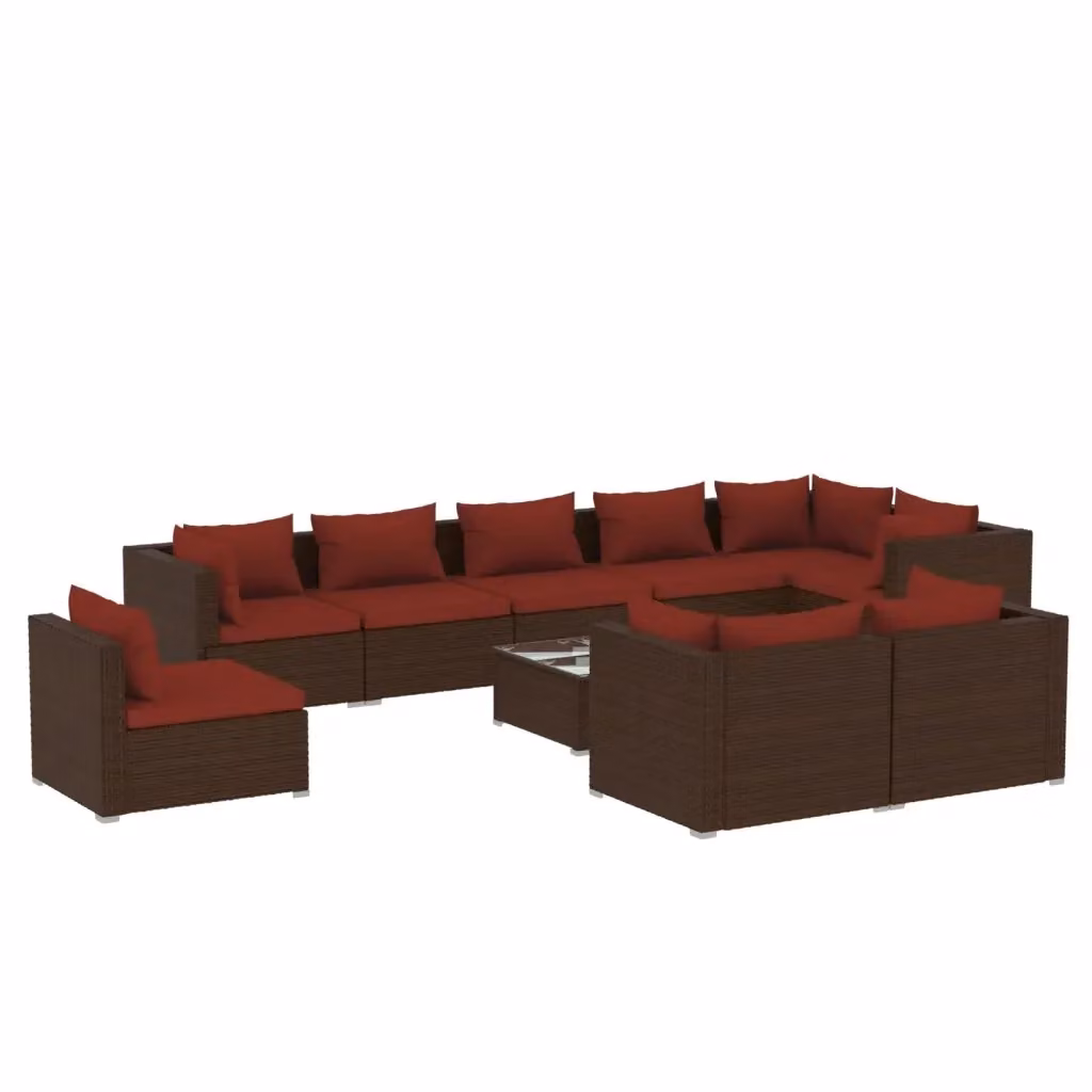 Set di Divani da Giardino a L con Tavolino vidaXL, Polyrattan Marrone e Rosso con Cuscini Inclusi – 2