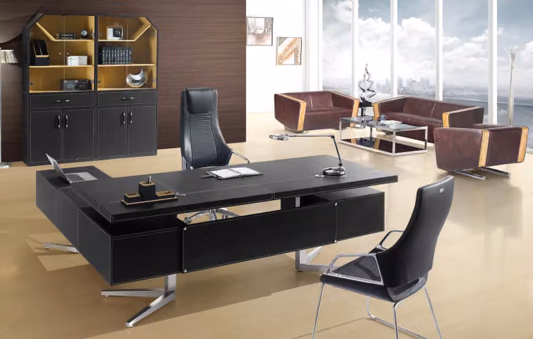 Moderner Eckschreibtisch aus MDF und Edelstahl in Holzoptik