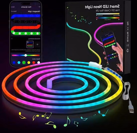 Striscia LED RGB con sincronizzazione musicale, luce neon flessibile, 2 m, impermeabile, per interni ed esterni
